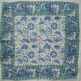 Floral Block Print Scarf Soft Light Cotton 20 x 20 Blue n Green