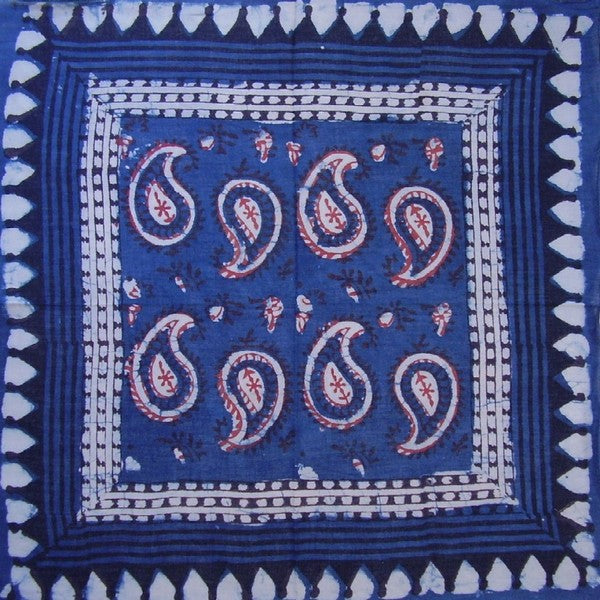 Veggie Dye Block Print Paisley Scarf Light Cotton 20 x 20 Indigo