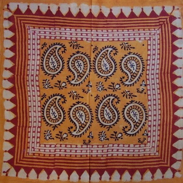 Veggie Dye Block Print Paisley Scarf Light Cotton 20 x 20 Saffron
