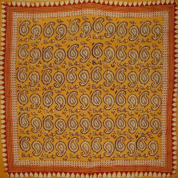 Veggie Dye Block Print Paisley Scarf Light Cotton 42 x 42 Saffron