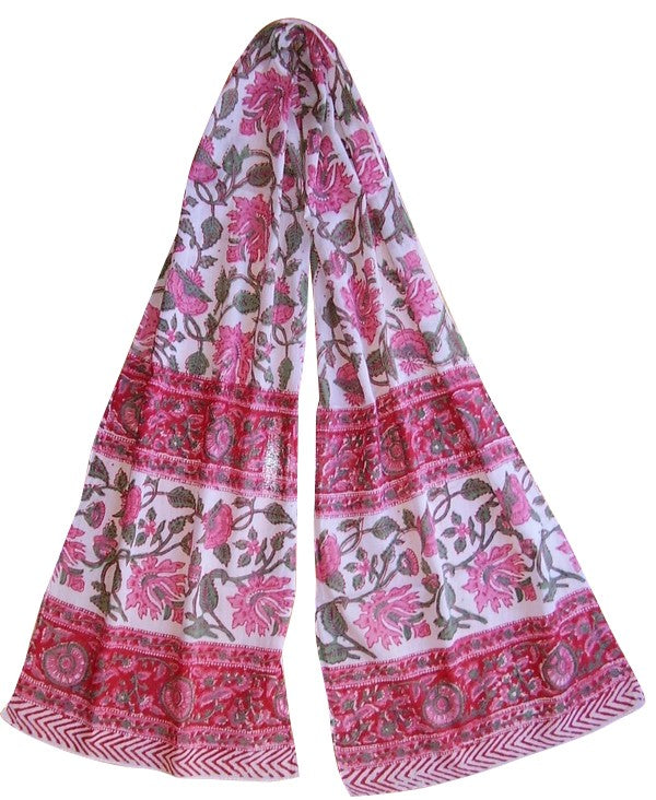 Floral Block Print Neck Scarf Light Cotton 72 x 15 Red & Pink