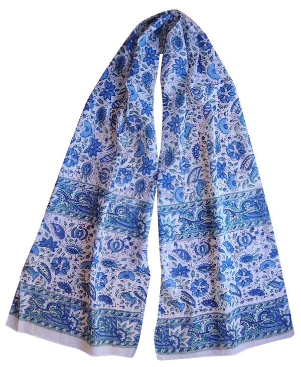 Halstuch mit floralem Blockdruck, leichte Baumwolle, 72 x 15, Blau und Grün