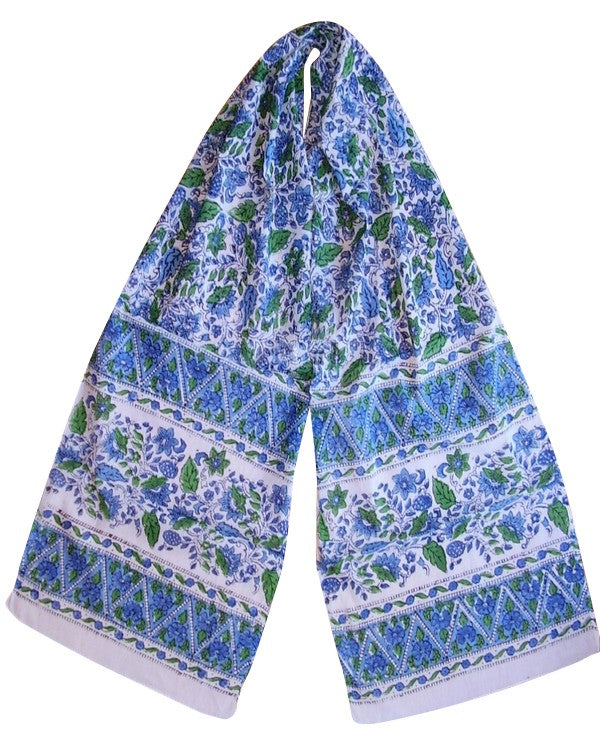 Halstuch mit floralem Blockdruck, weiche, leichte Baumwolle, 72 x 15, Blau und Grün
