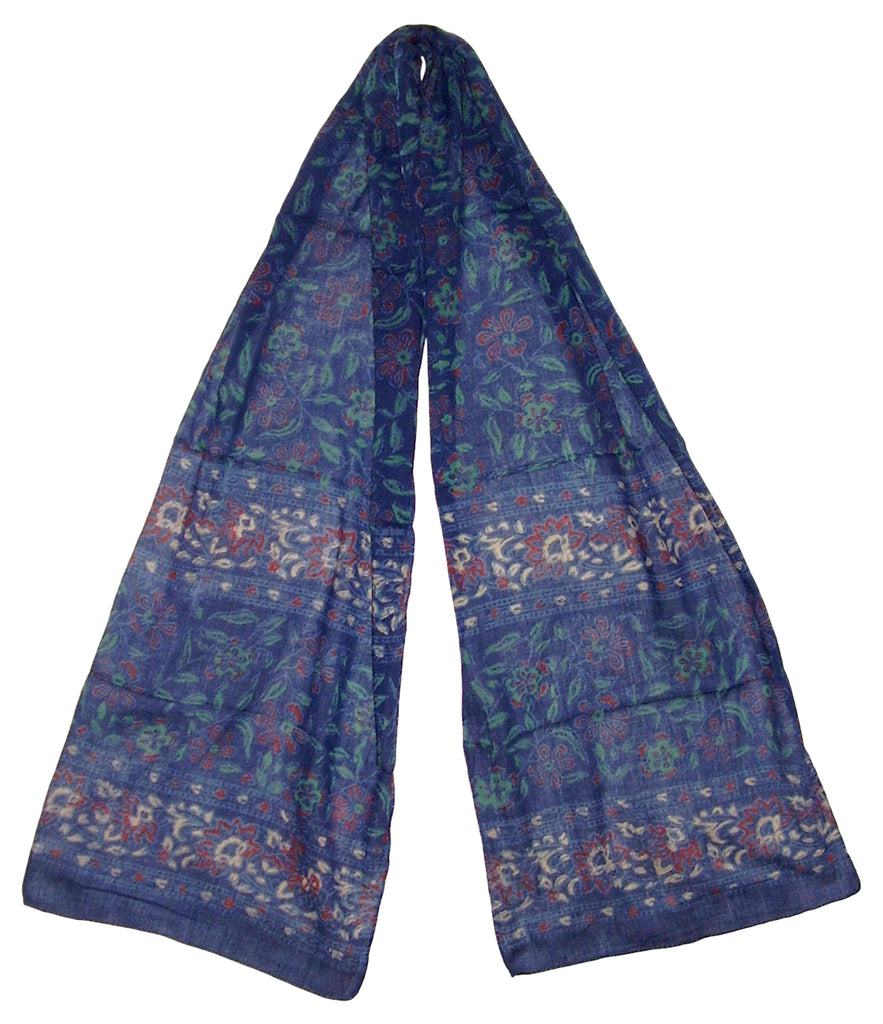 Floral Block Print Neck Scarf Light Cotton 72 x 15 Blue