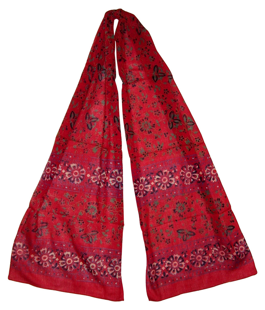 Floral Block Print Neck Scarf Light Cotton 72 x 15 Red