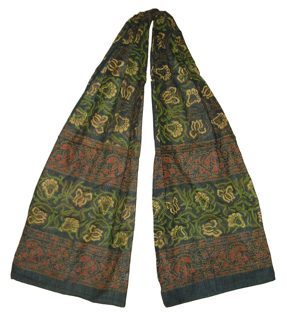 Floral Block Print Neck Scarf Light Cotton 72 x 15 Green