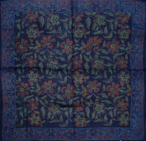 Floral Block Print Scarf Soft Light Cotton 42 x 42 Blue