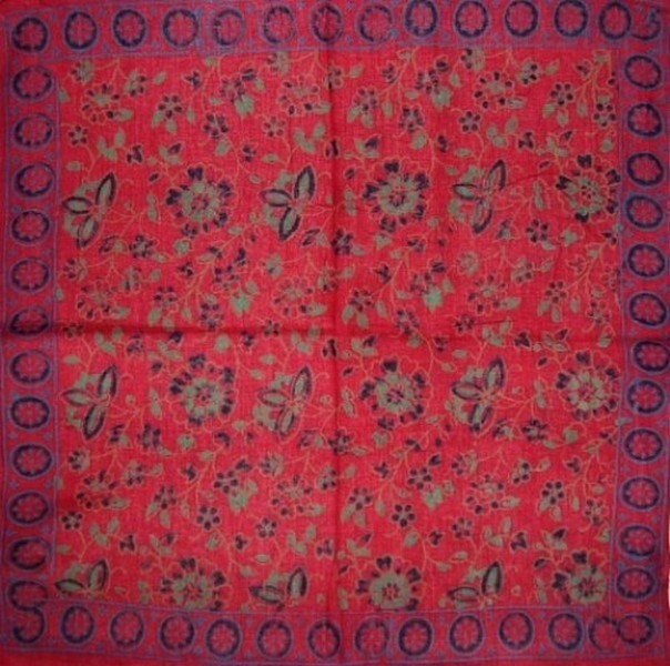 Floral Block Print Scarf Soft Light Cotton 20 x 20 Red