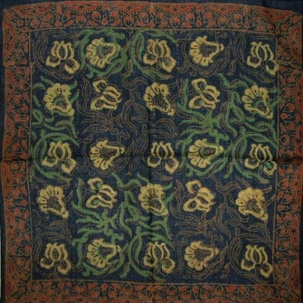 Floral Block Print Scarf Soft Light Cotton 20 x 20 Dark Green