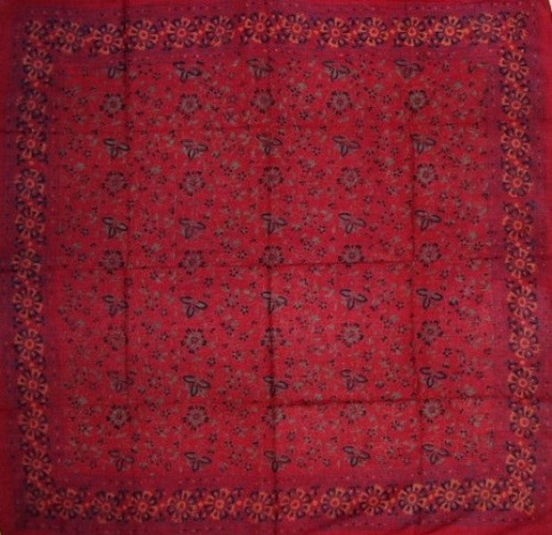 Floral Block Print Scarf Soft Light Cotton 42 x 42 Red