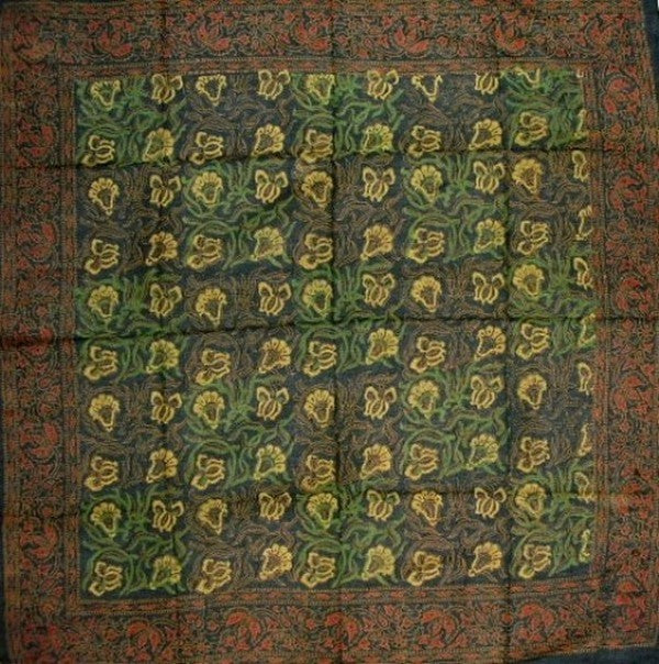 Floral Block Print Scarf Soft Light Cotton 42 x 42 Dark Green