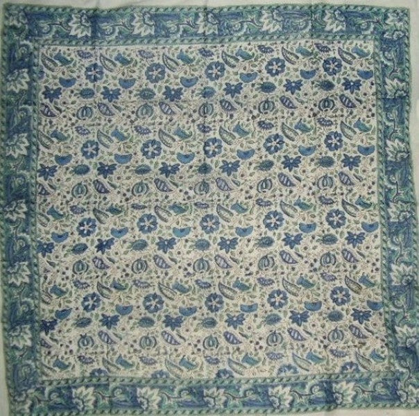 Schal mit Blumen-Blockdruck, weiche, leichte Baumwolle, 42 x 42, Blau und Grün