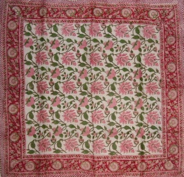 Floral Block Print Scarf Soft Light Cotton 42 x 42 Red n Pink
