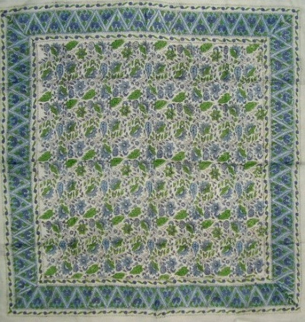 Floral Block Print Scarf Soft Light Cotton 42 x 42 Blue n Green