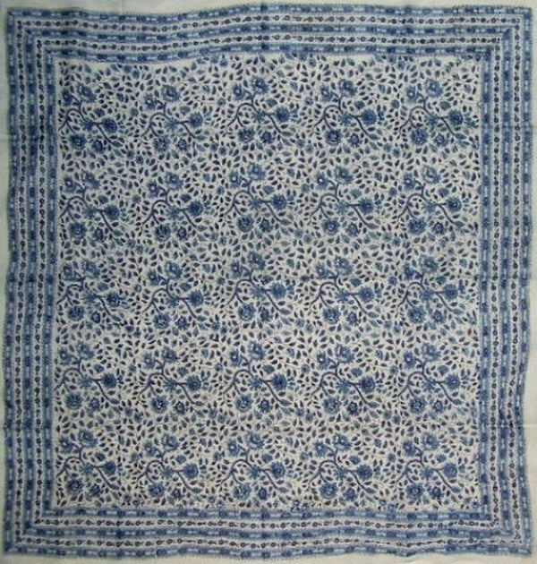 花卉塊印花圍巾柔軟淺色棉質 42 x 42 藍色