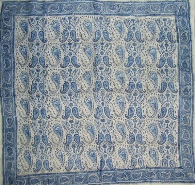 Paisley Block Print Scarf Soft Light Cotton 42 x 42 Blue