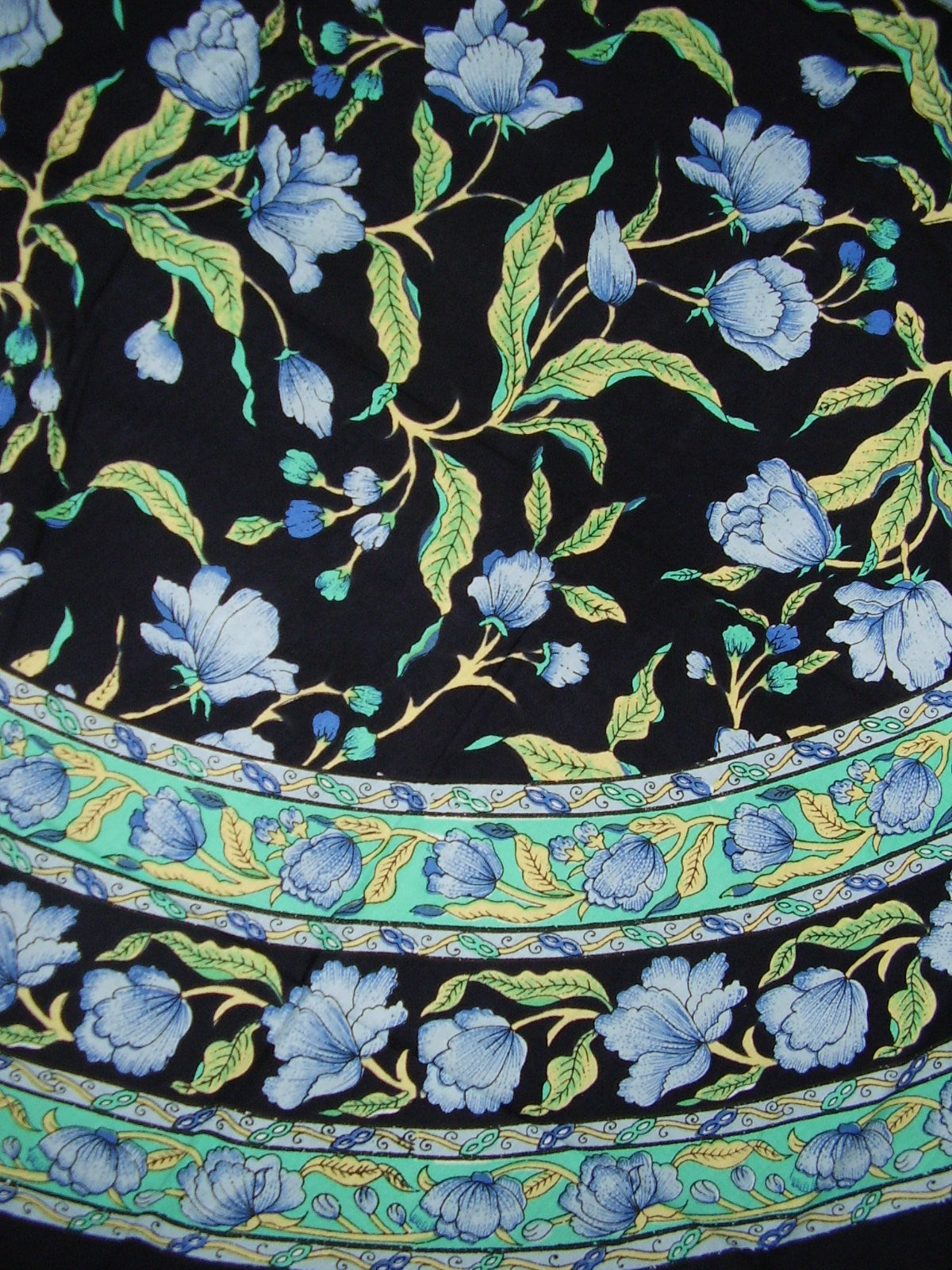 French Floral Round Cotton Tablecloth 70" Blue on Black