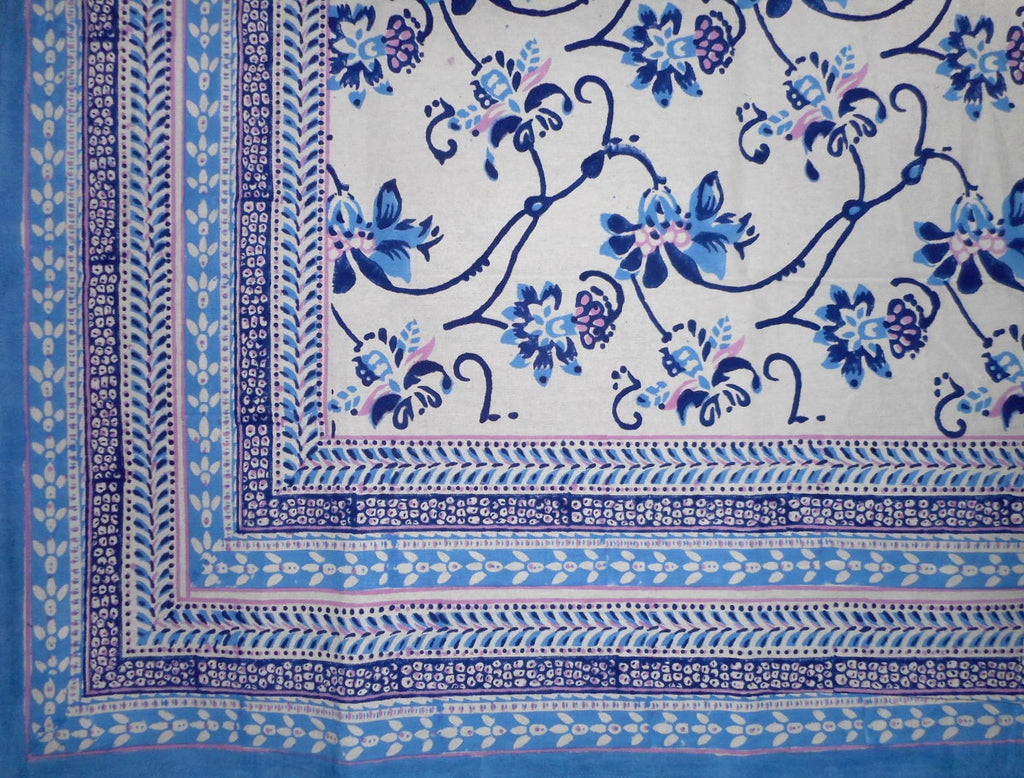 Ajit Flowers  Block Print Cotton Tablecloth 90" x 60" Blue