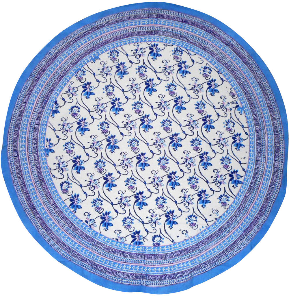 Ajit Flowers  Block Print Round Cotton Tablecloth 70" Blue