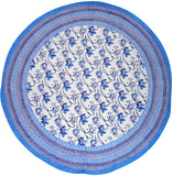 Ajit Flowers  Block Print Round Cotton Tablecloth 70" Blue