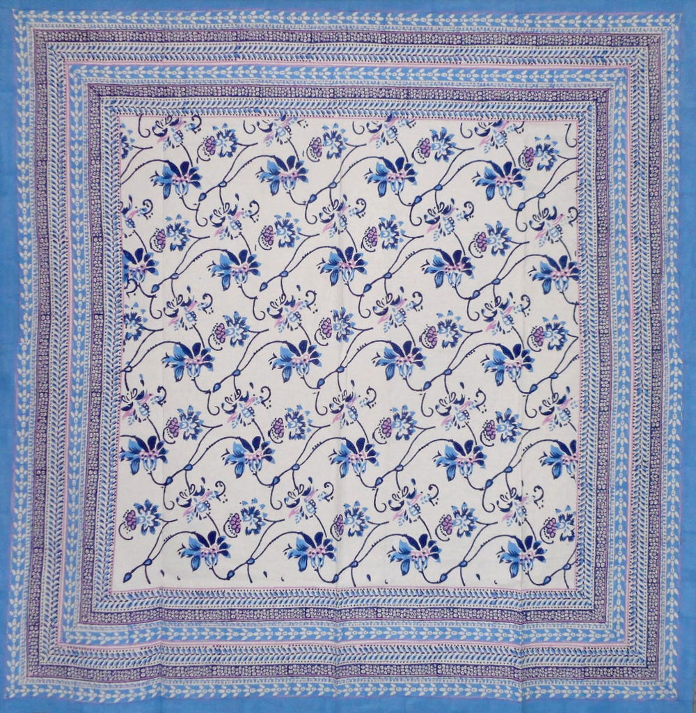Ajit Flowers  Block Print Square Cotton Tablecloth 60" x 60" Blue