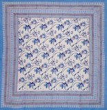 Ajit Flowers  Block Print Square Cotton Tablecloth 60" x 60" Blue