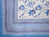 Ajit Flowers  Block Print Square Cotton Tablecloth 60" x 60" Blue