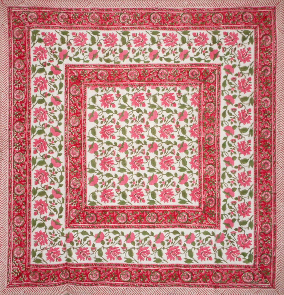 Pretty in Pink Block Print Square Cotton Tablecloth 60" x 60" Pink