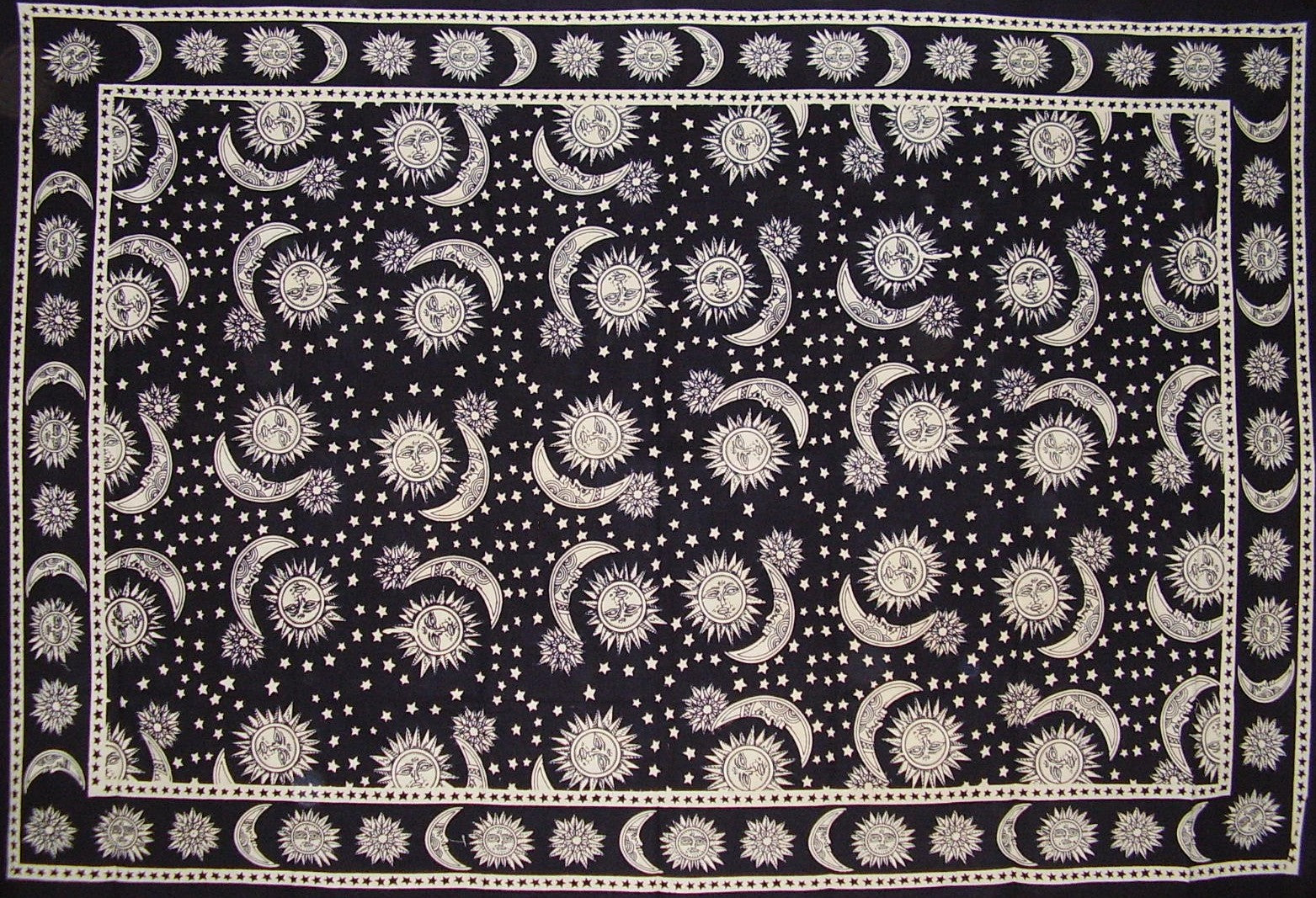 Celestial Block Print Tapestry Cotton Twin Bedspread or Tablecloth 106" x 70" Black & White