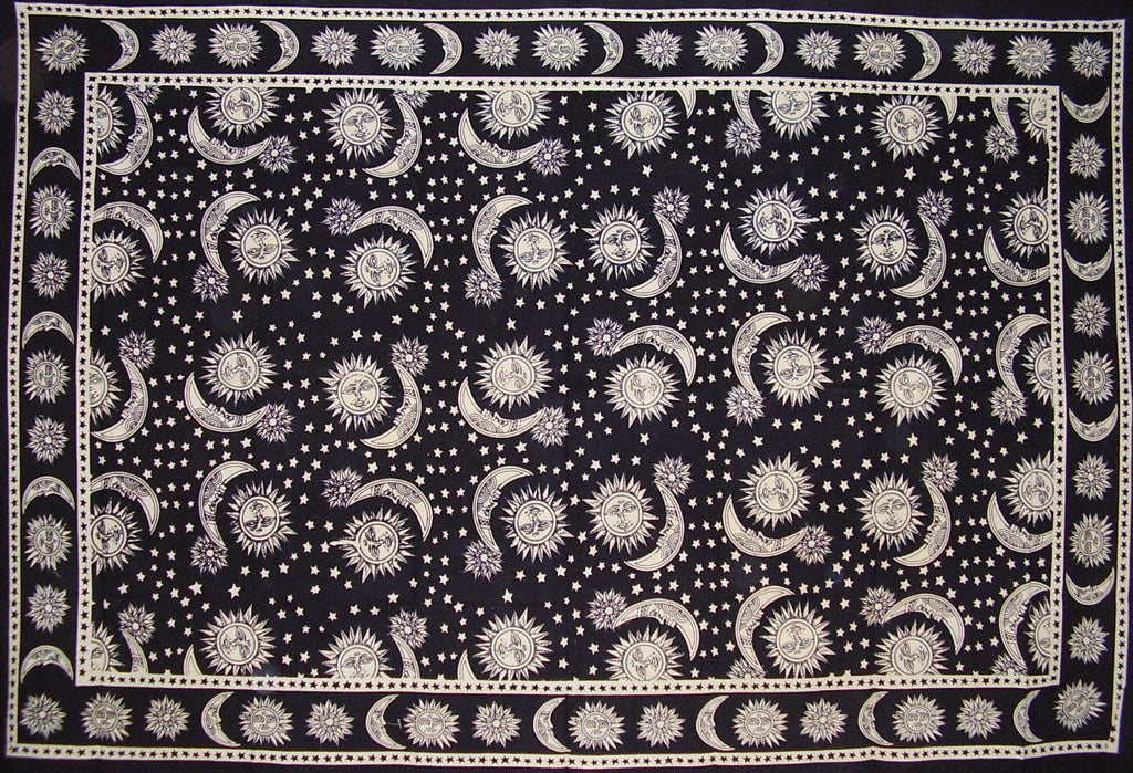 Celestial Block Print Tapestry Cotton Twin Bedspread or Tablecloth 106" x 70" Black & White