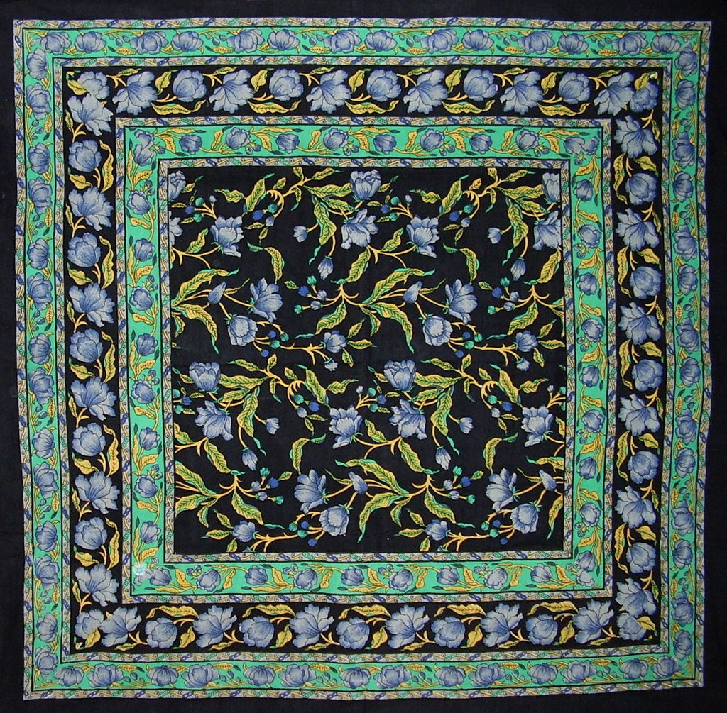 Quadratische Baumwolltischdecke mit französischem Blumenmuster, 152,4 x 152,4 cm, Blau auf Schwarz