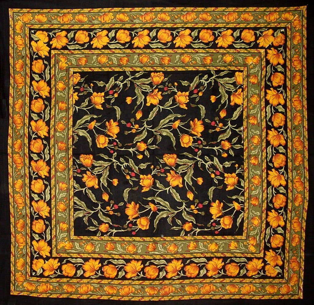 French Floral Square Cotton Tablecloth 60" x 60" Amber on Black