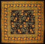 French Floral Square Cotton Tablecloth 60" x 60" Amber on Black