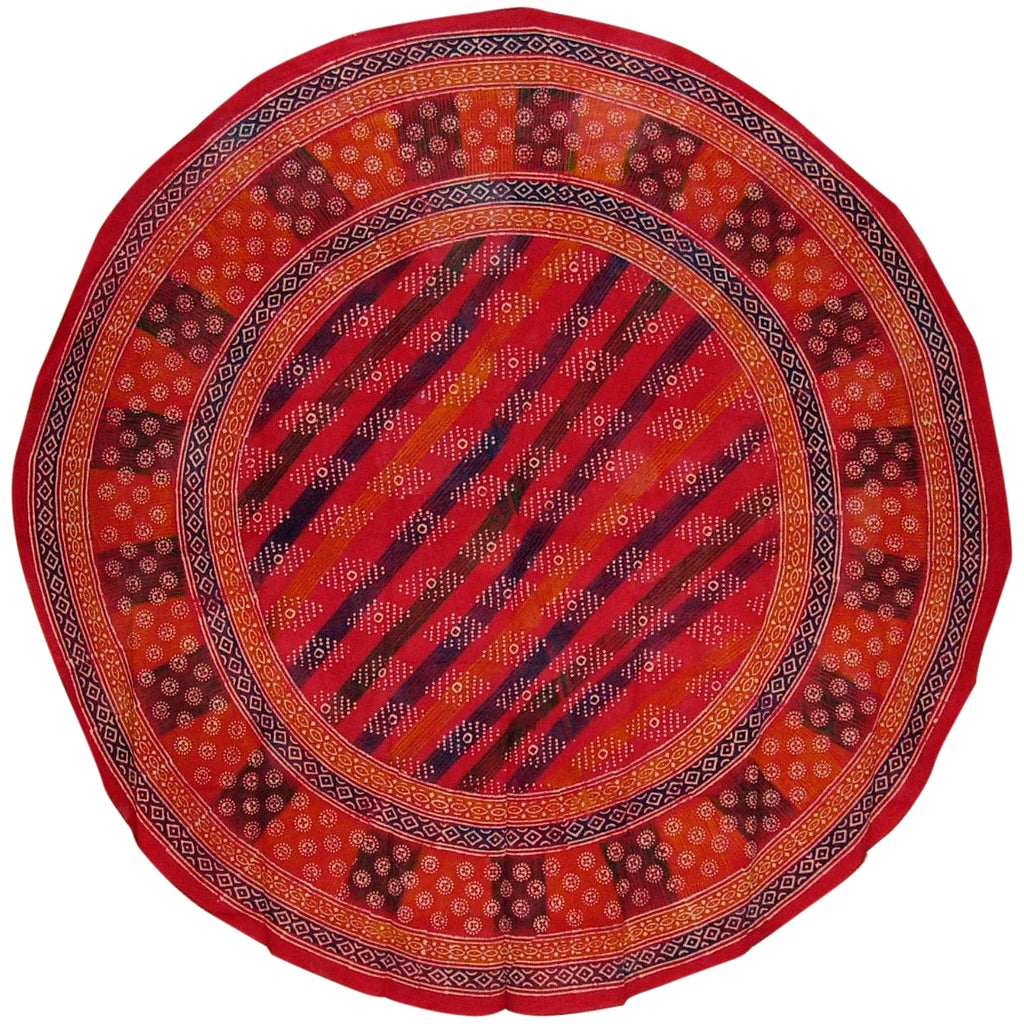 Hand Block Printed Round Cotton Tablecloth 88" Red