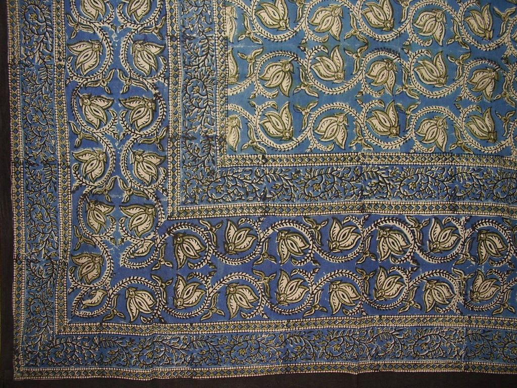 Dabu Hand Block Printed Floral Cotton Tablecloth 86" x 60" Blue