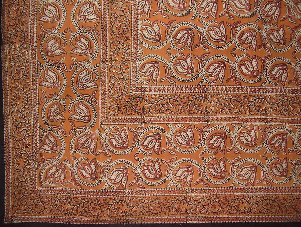 Dabu Hand Block Printed Floral Cotton Tablecloth 86" x 60" Brown
