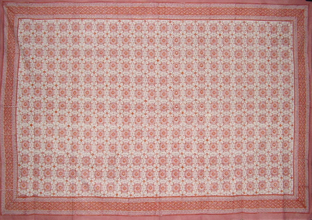 Tile Block Print Cotton Tablecloth 86" x 60" Coral