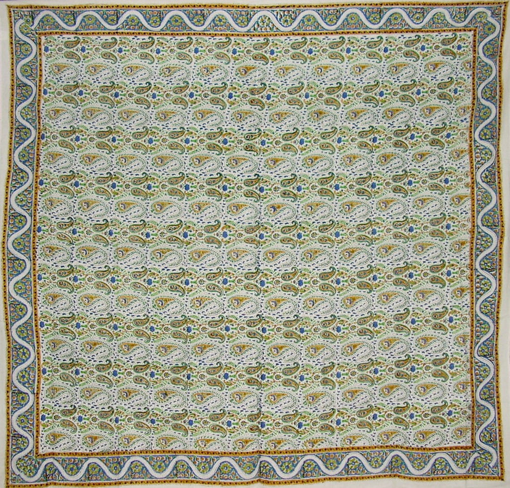 Hand Block Printed Floral Square Cotton Tablecloth 72" x  72"