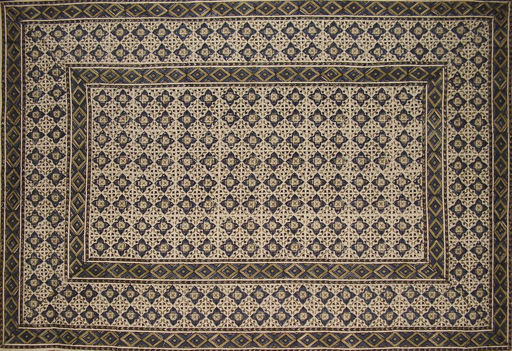 Moroccan Block Print Rectangle Cotton Tablecloth 88" x 58" Blue