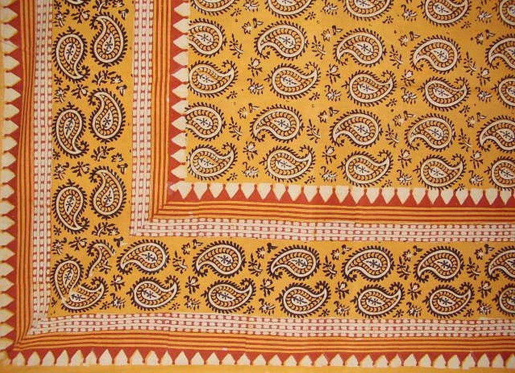 Primitive Paisley Block Print Tapestry Cotton Spread 106" x 70" Twin Saffron