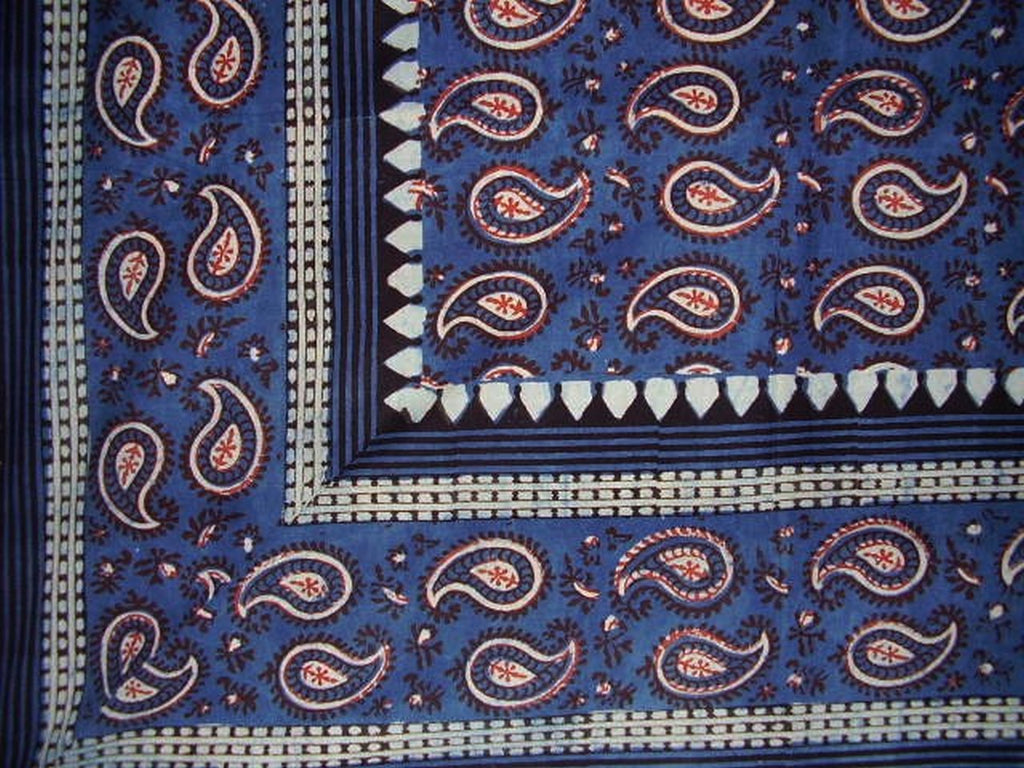 Primitive Paisley Block Print Tapestry Cotton Bedspread 108" x 88" Full-Queen