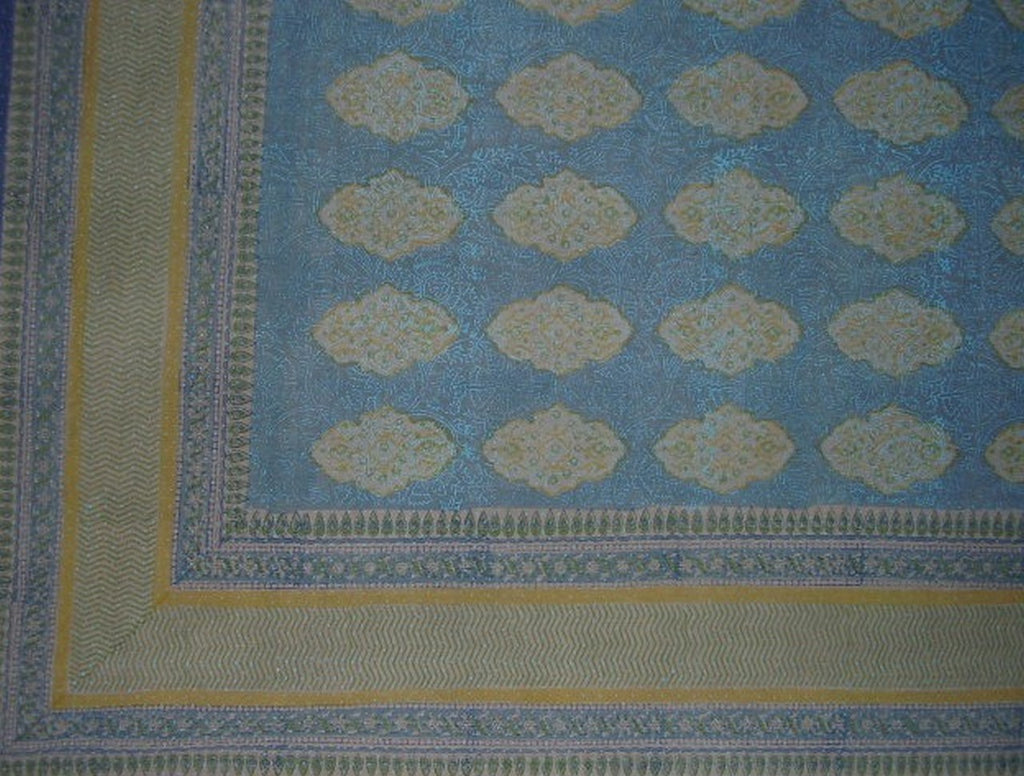 Kensington Block Print Tapestry Cotton Bedspread 108" x 108" Queen-King Blue