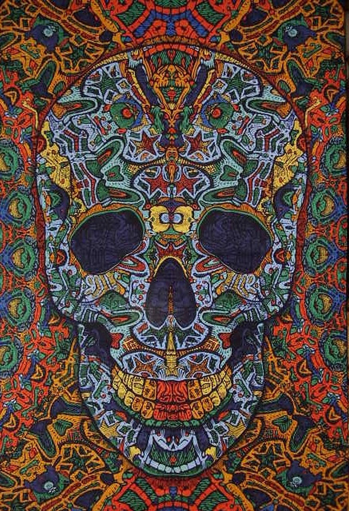 Psychedelic 3-D Skull Cotton Wall Hanging 90" x 60" Single Multi Color with FREE 3-D Glasses