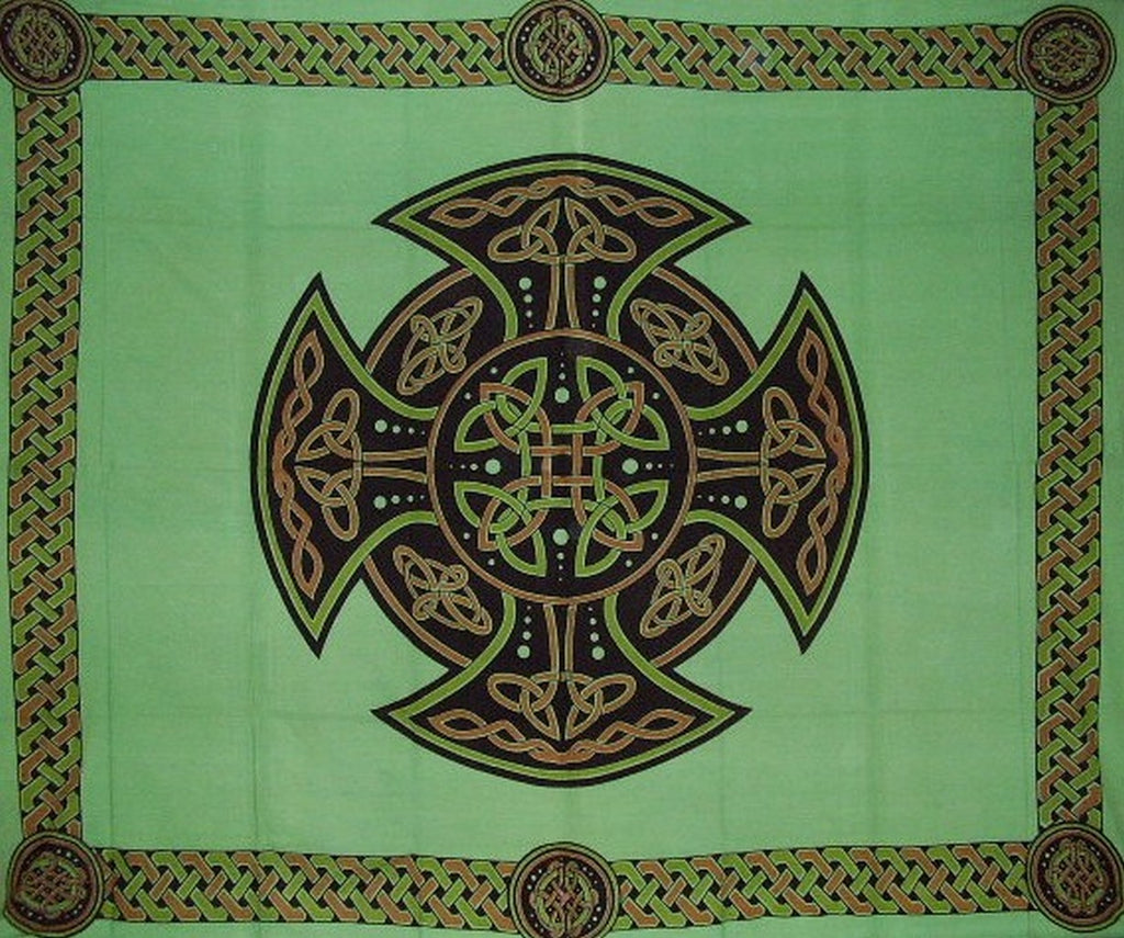 Cuvertură de pat din bumbac cu tapiserie cruce celtică 104" x 88" verde complet