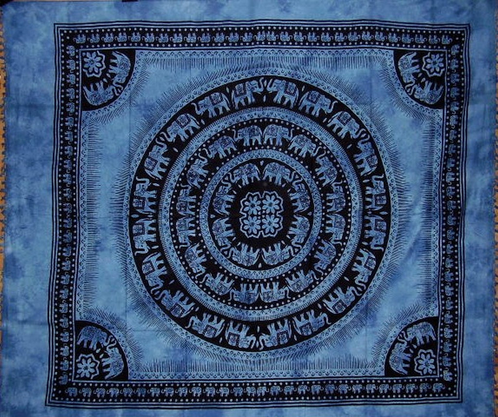 Памучно покривало за легло Мандала със слон 92" x 82" пълно синьо