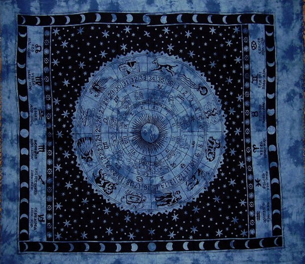 Tagesdecke aus Baumwolle mit astrologischem Wandteppich, 233 x 203 cm, Vollblau