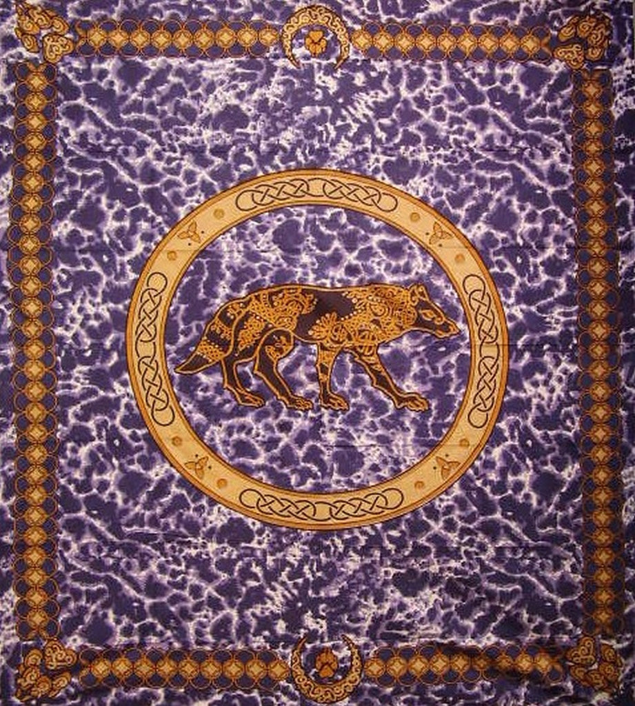 Celtic Wolf Tapestry Cotton Bedspread 108" x 88" Full-Queen Purple