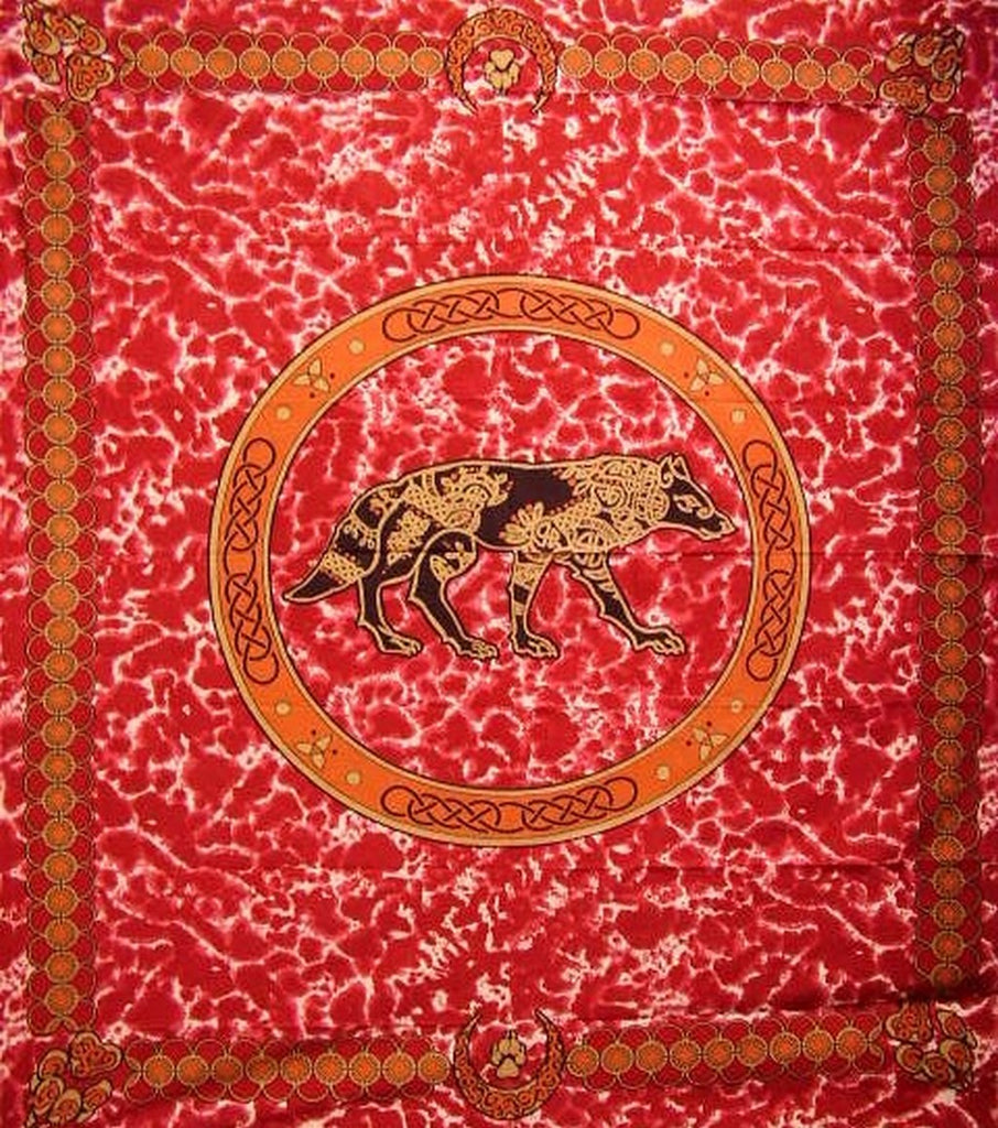 Celtic Wolf Tapestry Cotton Bedspread 108" x 88" Full-Queen Red