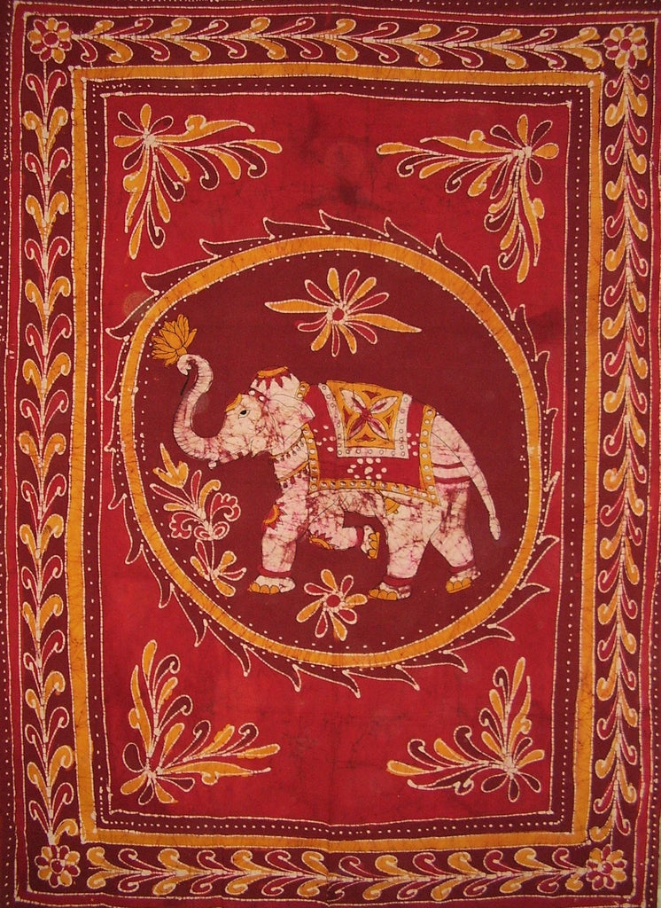 Lucky Batik Elephant Tapestry Cotton Spread  102" x 70" Twin Red