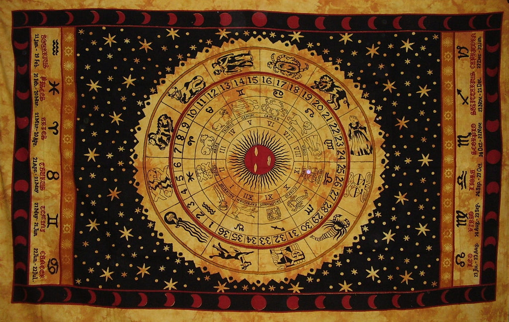 Astrological Tapestry Cotton Wall Hanging 88" x 58" Single Amber